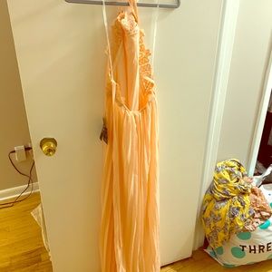Peach lace pleated halter maxi dress